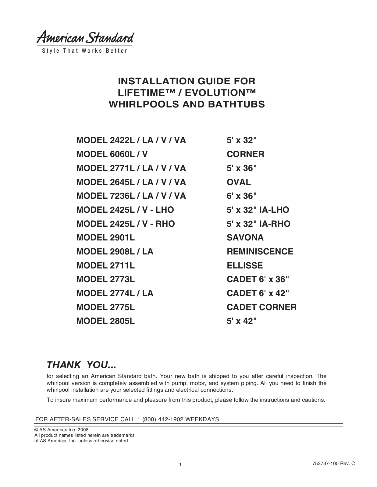 American Standard 2422L-LA-V-VA, 2774L-LA, 2425L-V -RHO, 6060L-V, 2425L-V - LHO User Manual