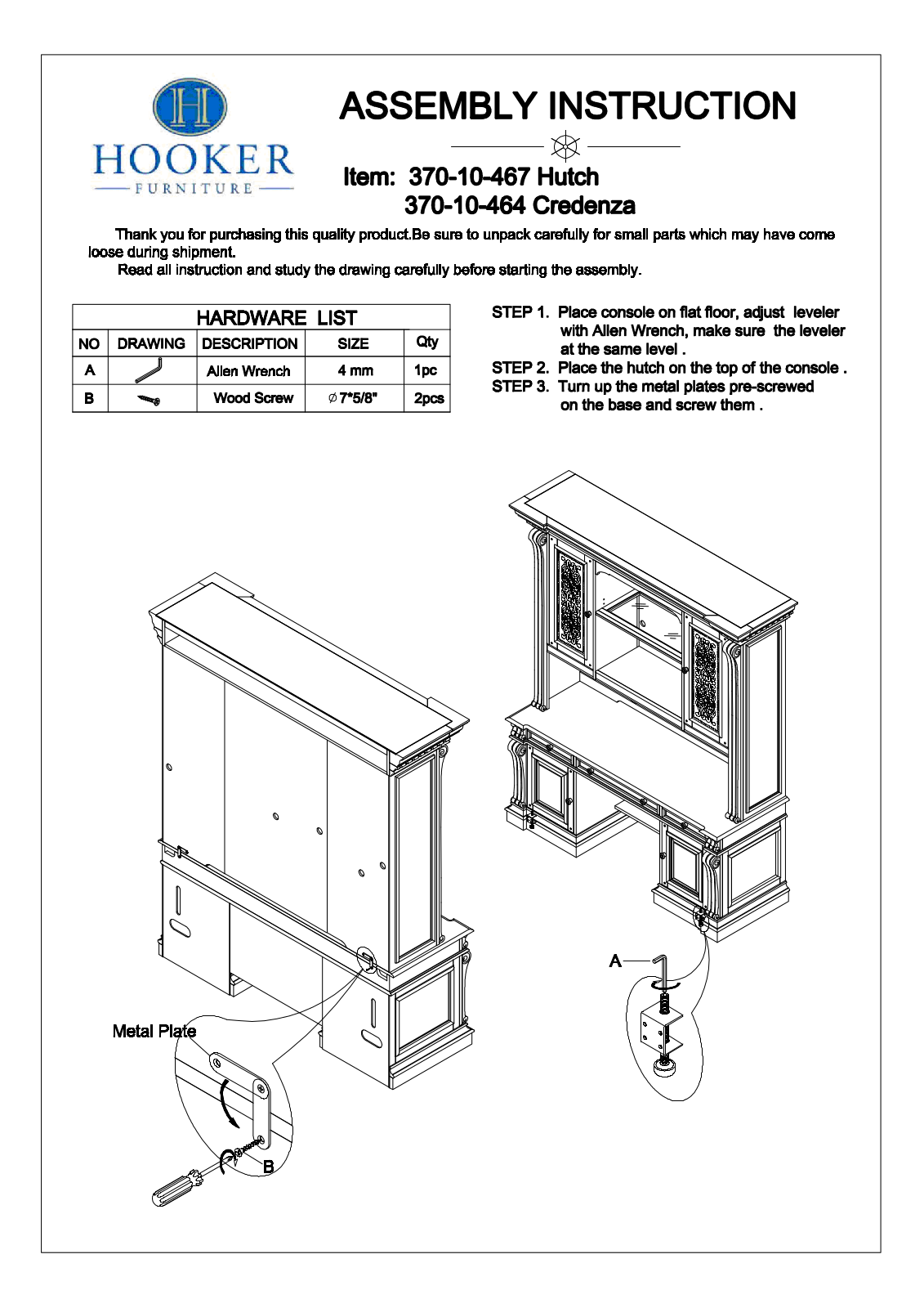 Hooker Furniture 37010467464 Assembly Guide