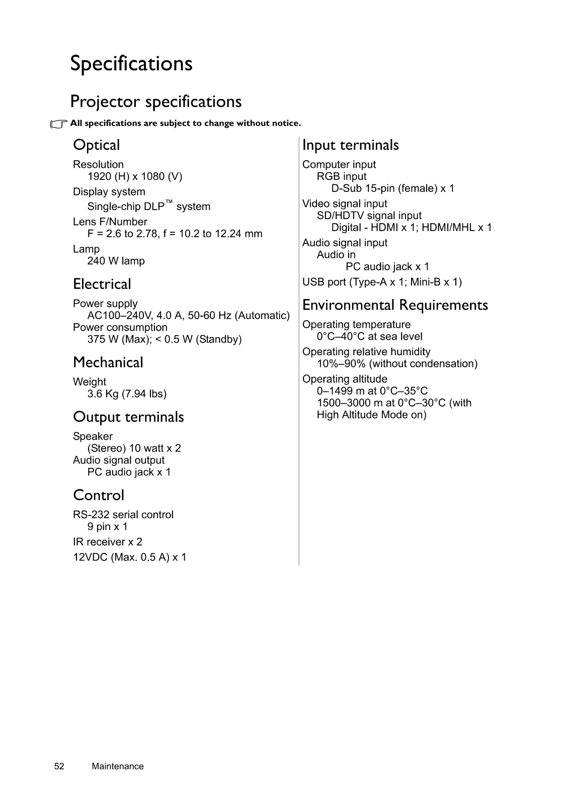 Benq 9H.JFP77.13E Datasheet