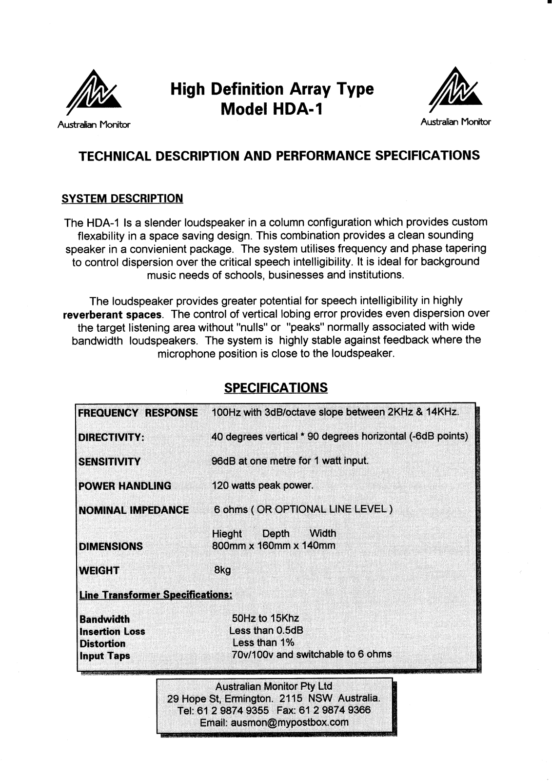 Australian monitor HDA 1, HDA 2 BROCHURE - ManualMachine.com