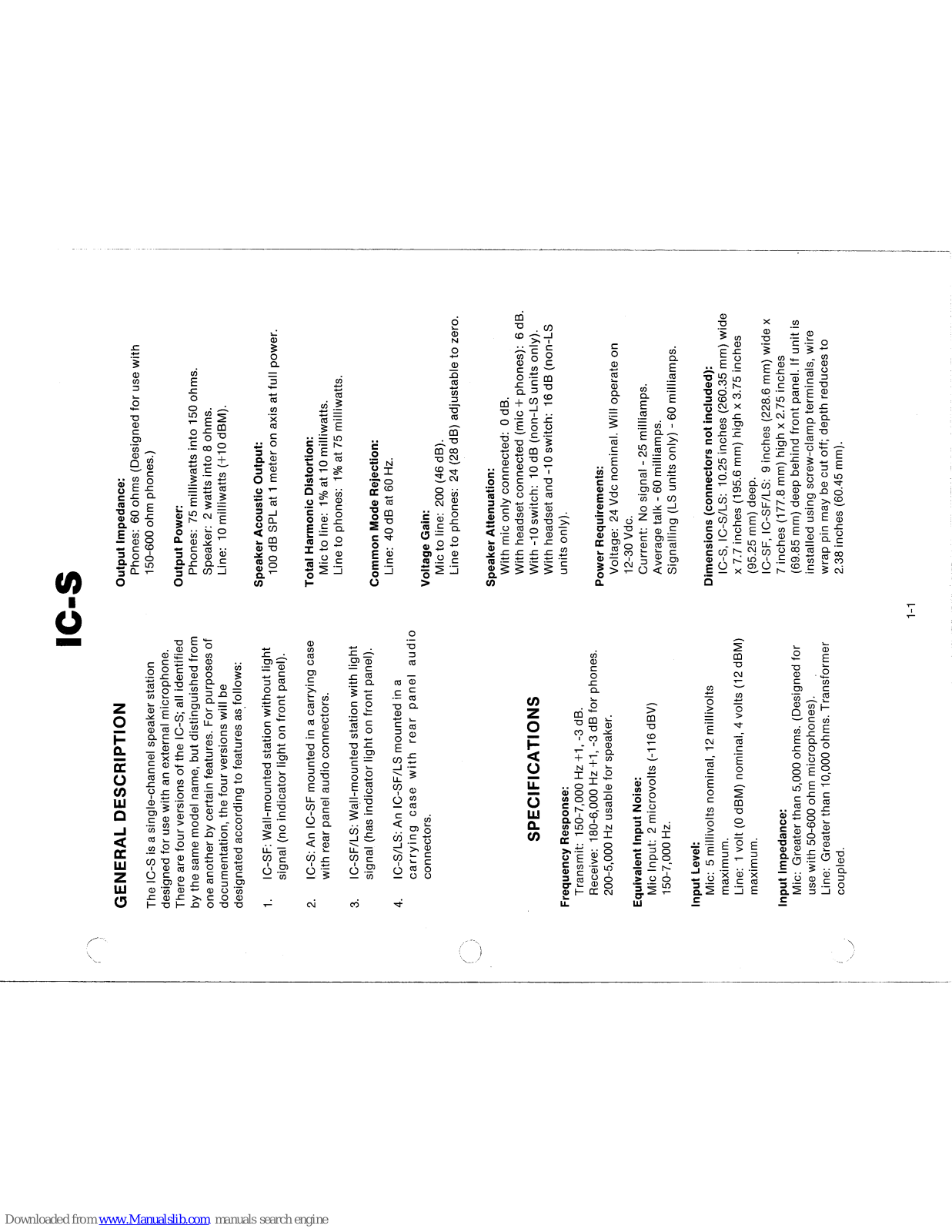 Telex IC-S, IC-S/LS, IC-SF, IC-SF/LS User Manual