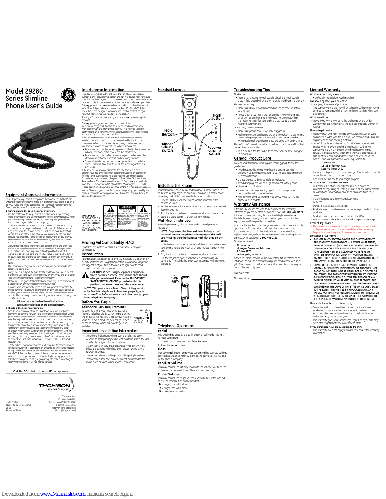 GE Slimline 00021390, Slimline 29280 Series User Manual