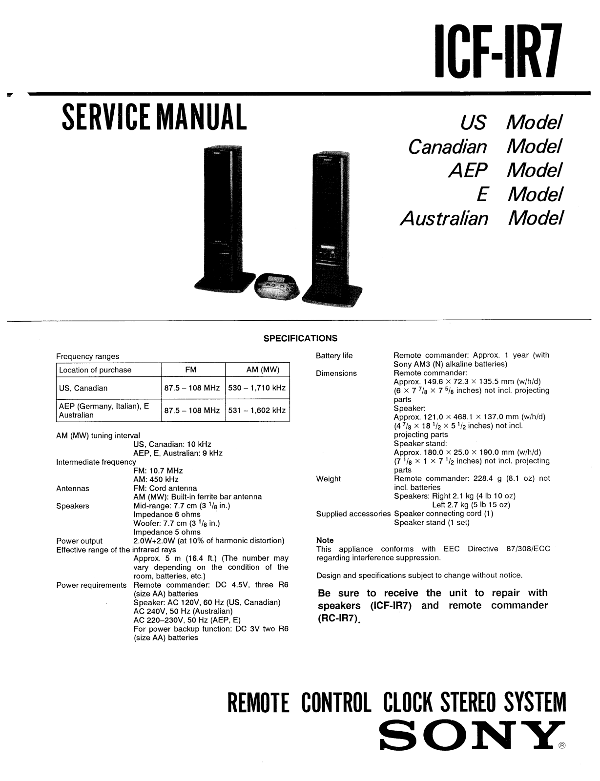 Sony ICFIR-7 Service manual