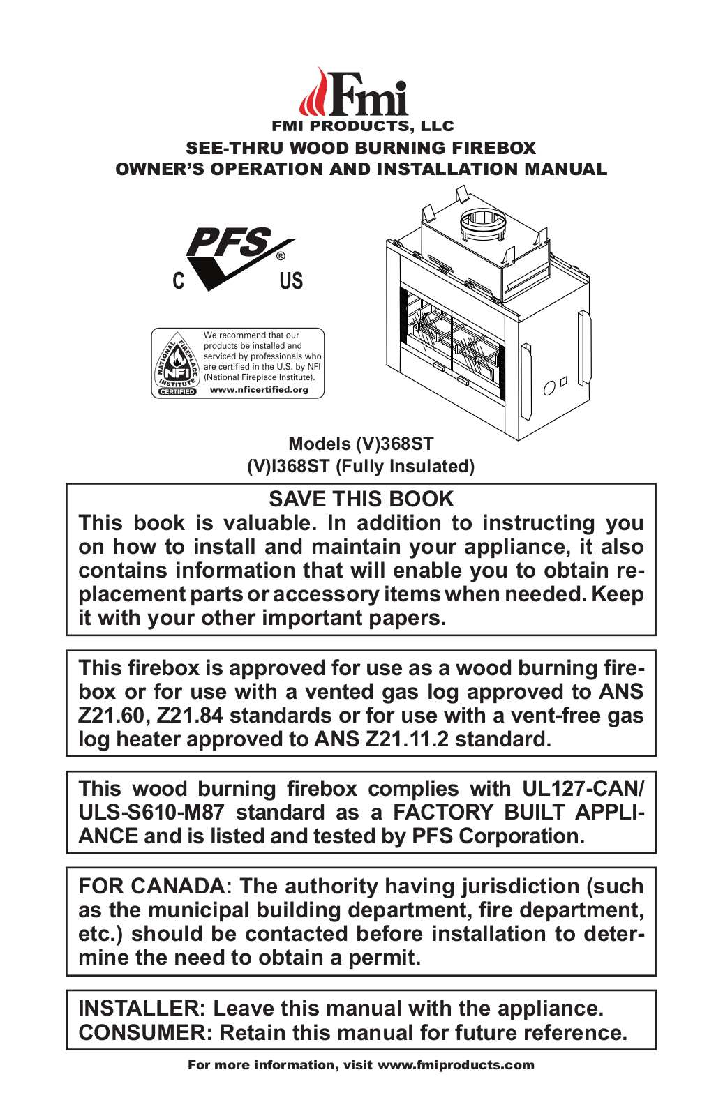 FMI Vs68ST, VI368ST Owner's Operation And Installation Manual