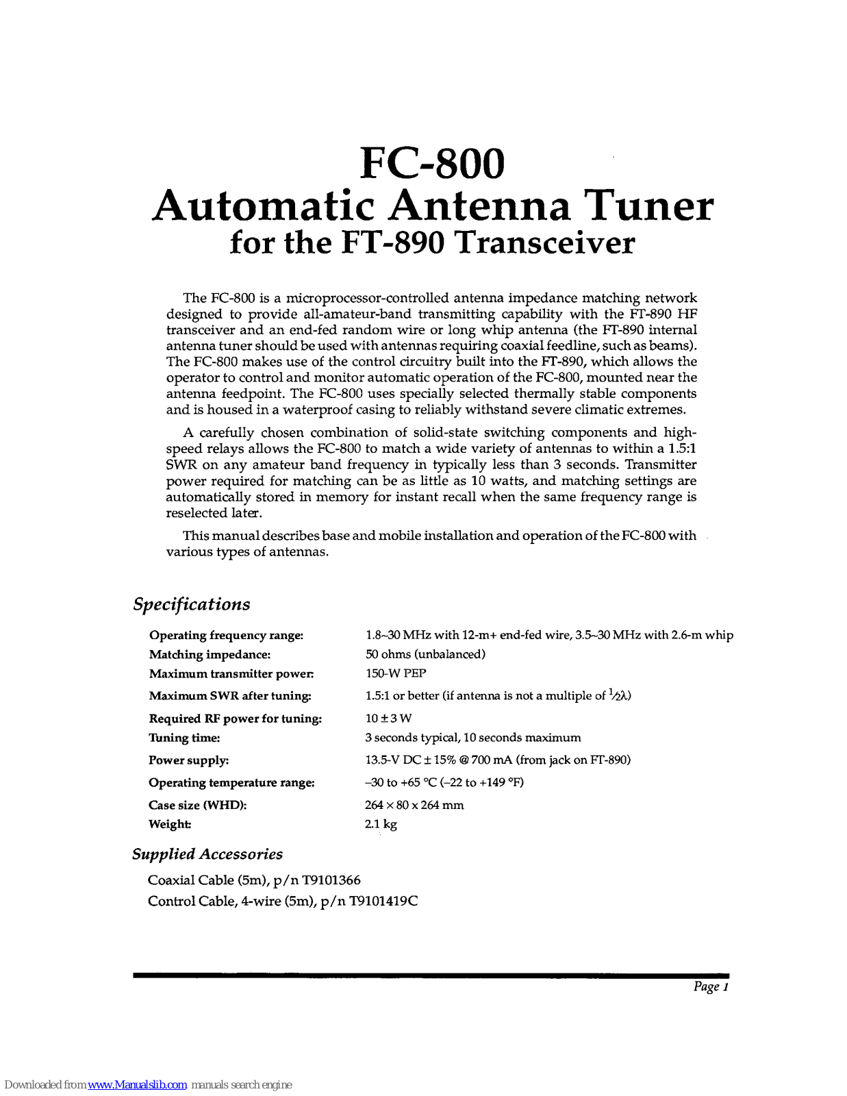 Yaesu FC-800 Instruction Manual