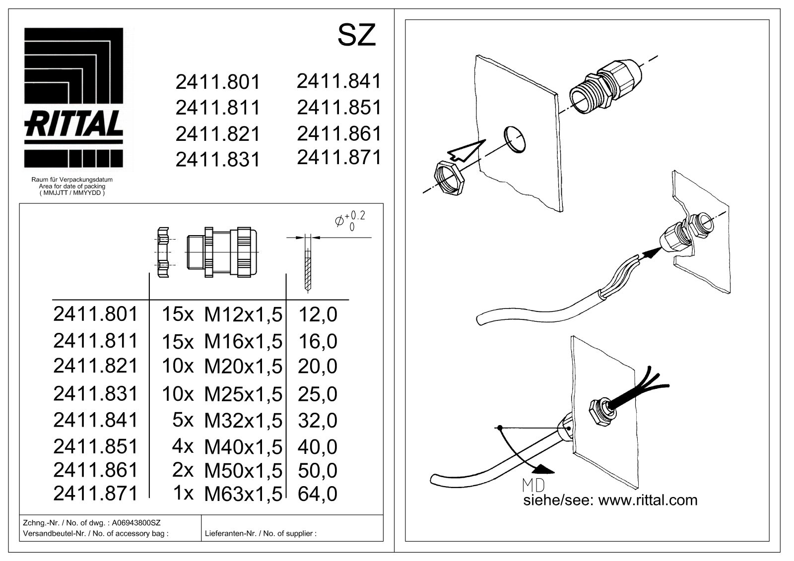 Rittal SZ 2411.801, SZ2411.811, SZ2411.821, SZ2411.831, SZ2411.841 Dimensions