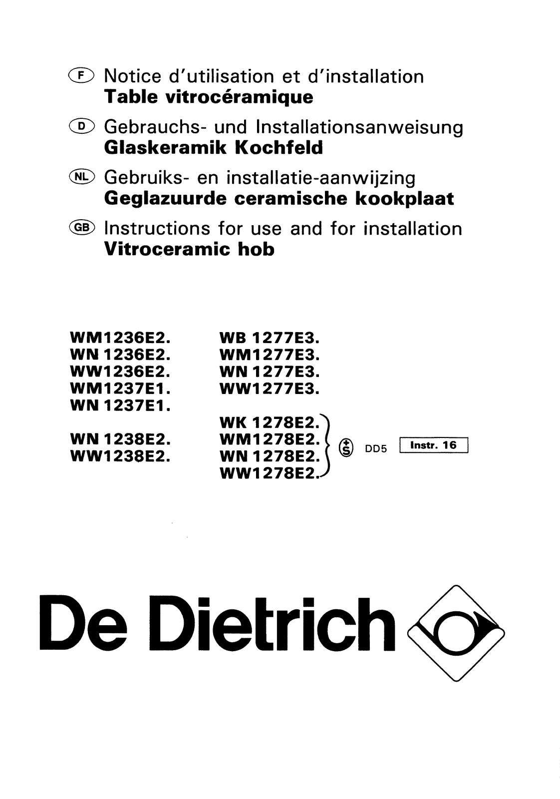 De dietrich WK1278E2, WN1278E2, WM1278E2, WW1278E2, WK1277E3 User Manual