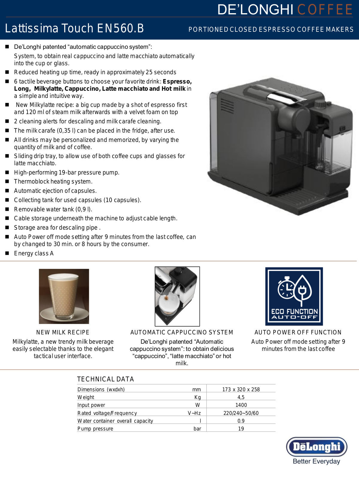 Delonghi EN560B Specifications Sheet