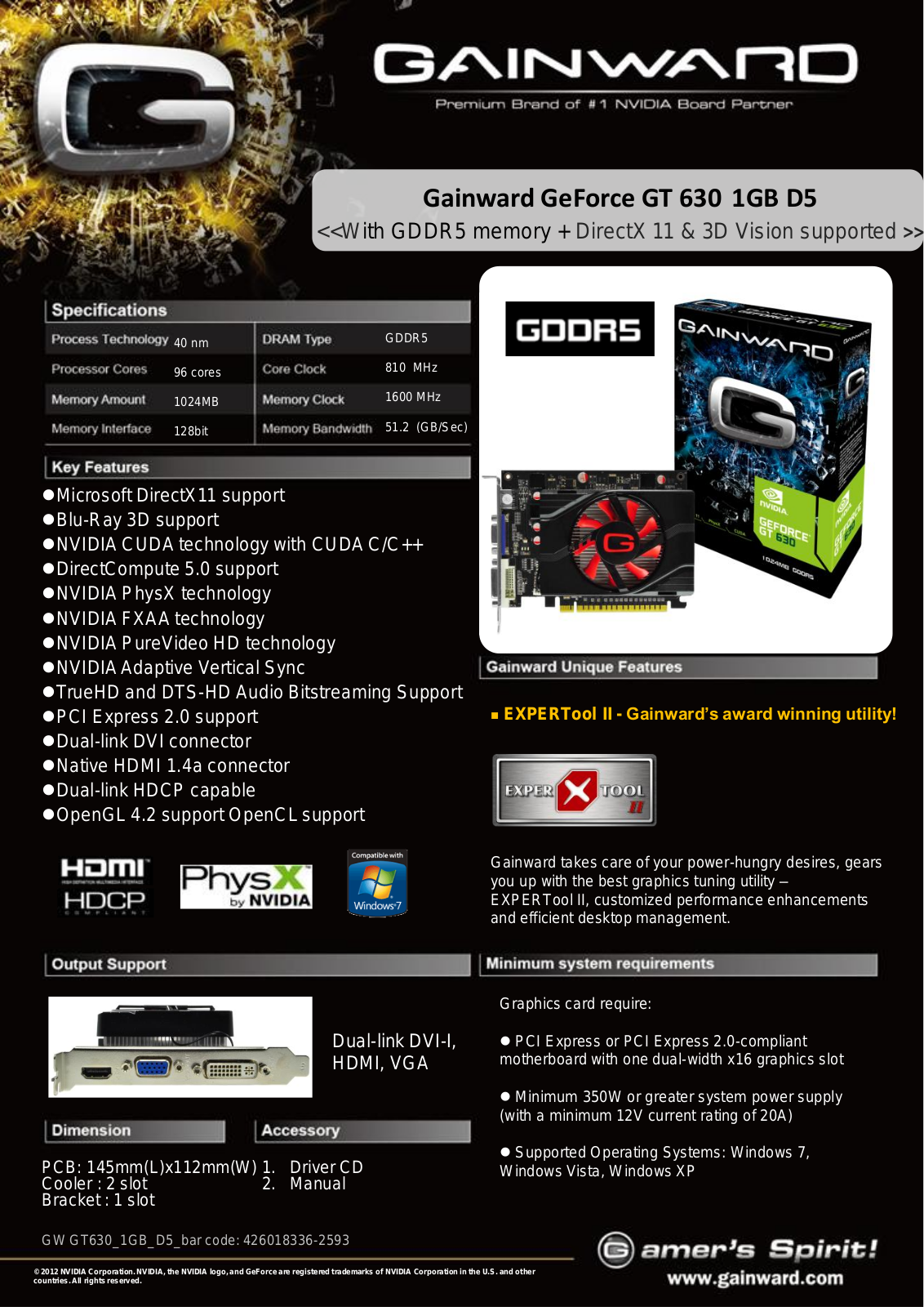 Gainward GeForce GT 630 1GB D5 SPECIFICATIONS