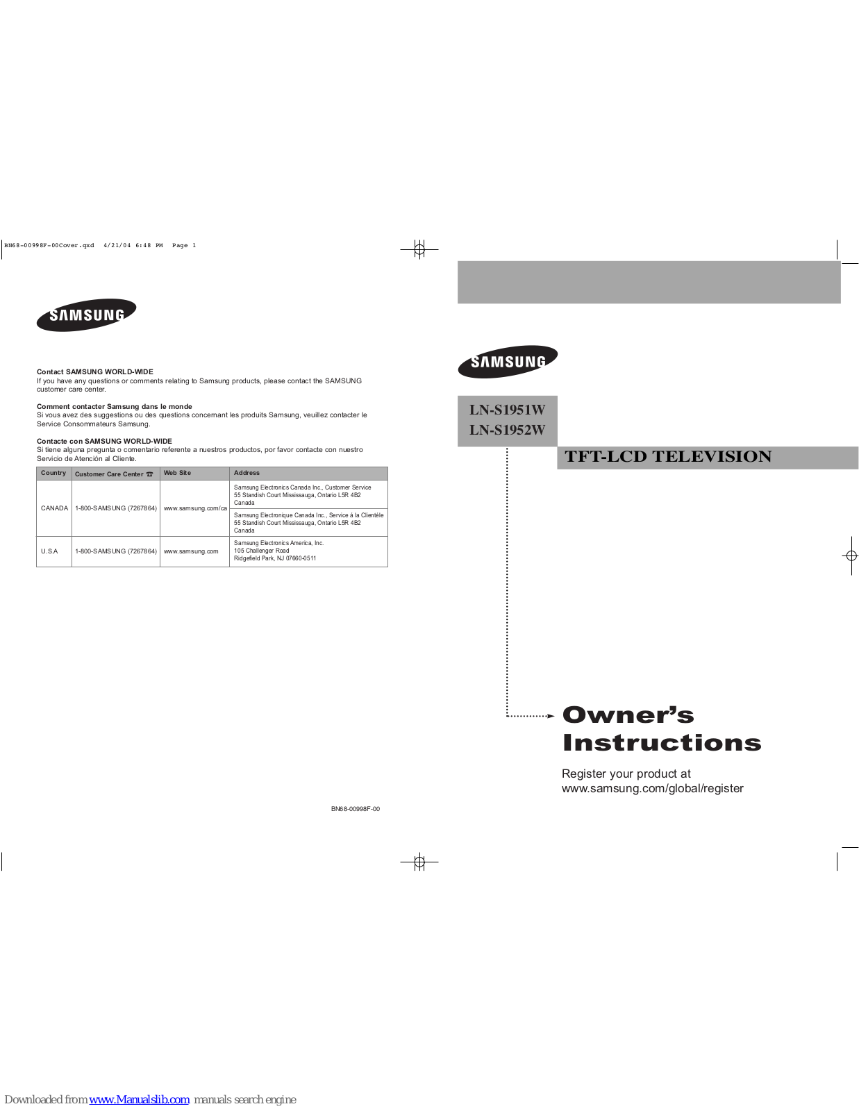 Samsung LN-S1951W, LN-S1952W Owner's Instructions Manual