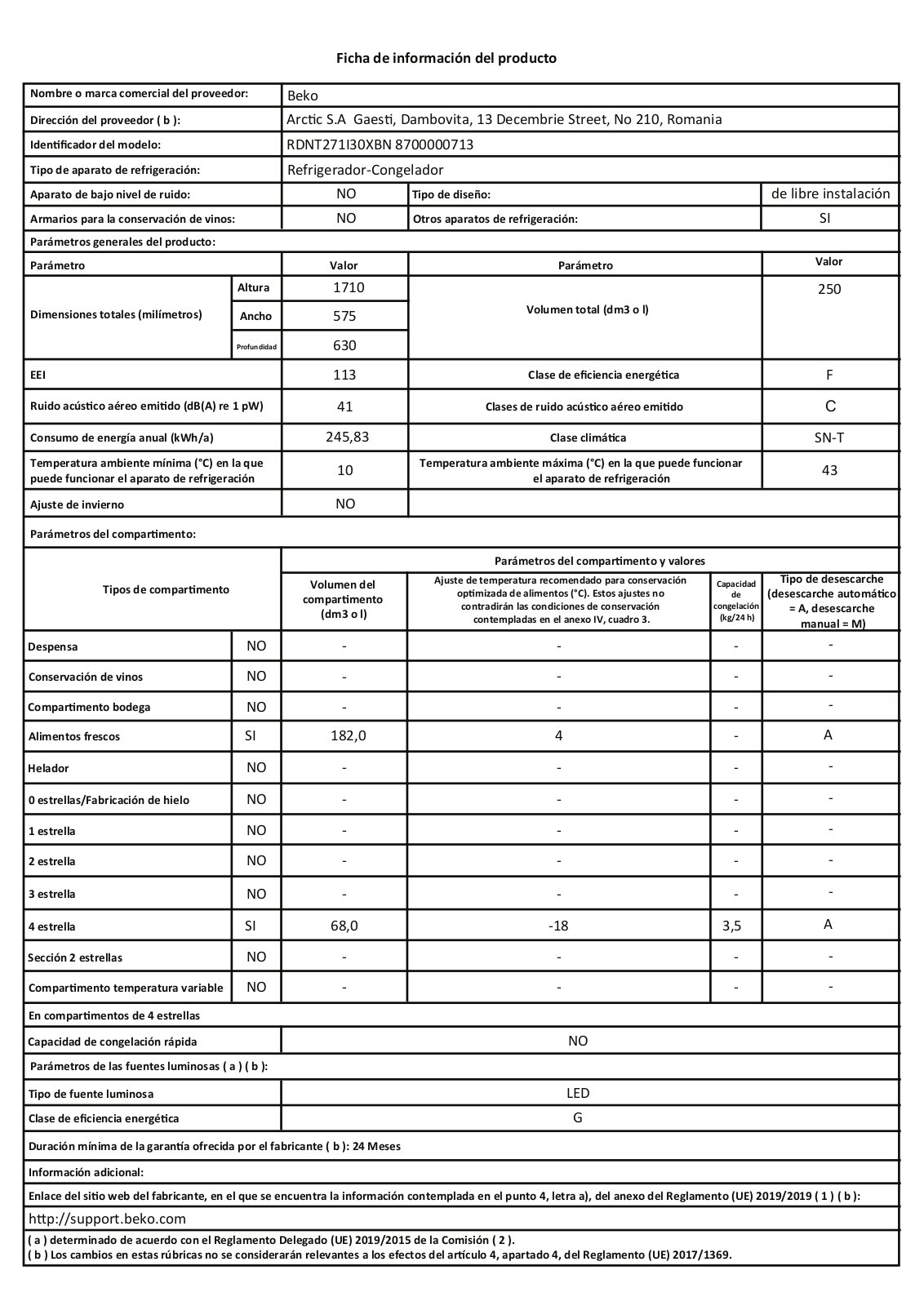 Beko RDNT271I30XBN PRODUCT INFORMATION SHEET