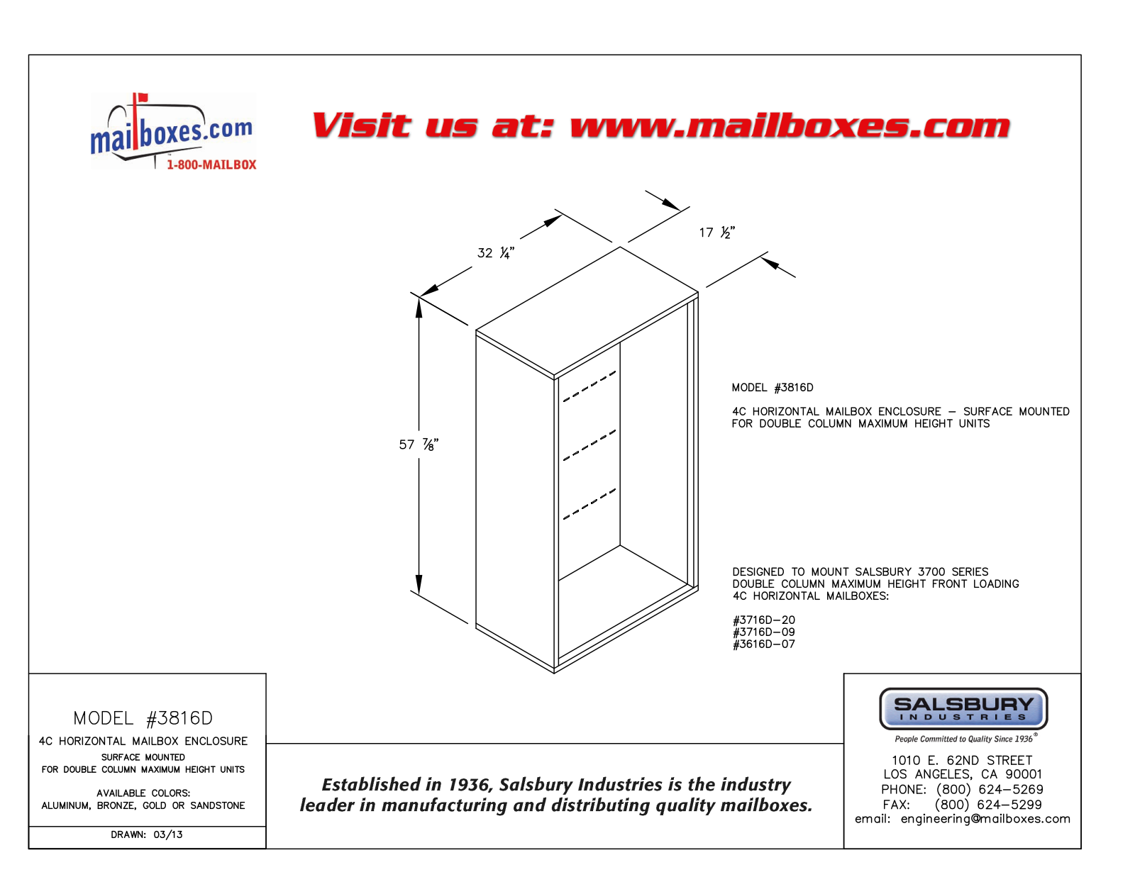 Salsbury Industries 3816DSAN, 3816DALM, 3816DBRZ, 3816DGLD User Manual