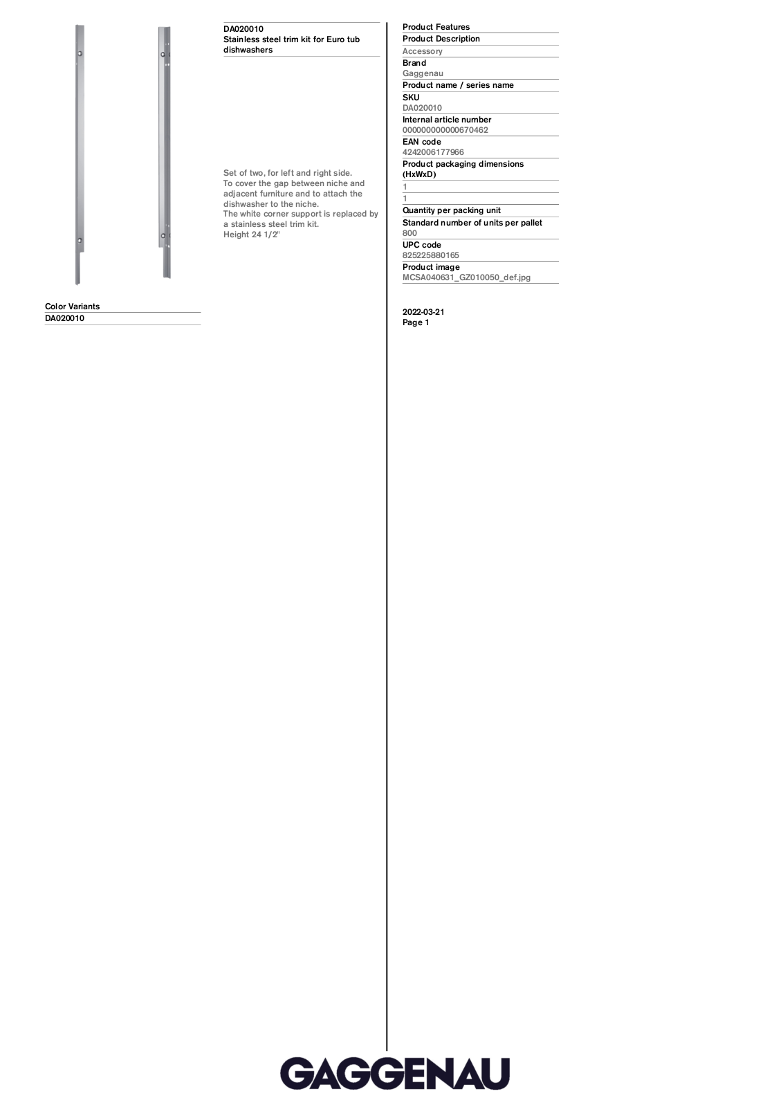 Gaggenau DA020010 Product specification sheet