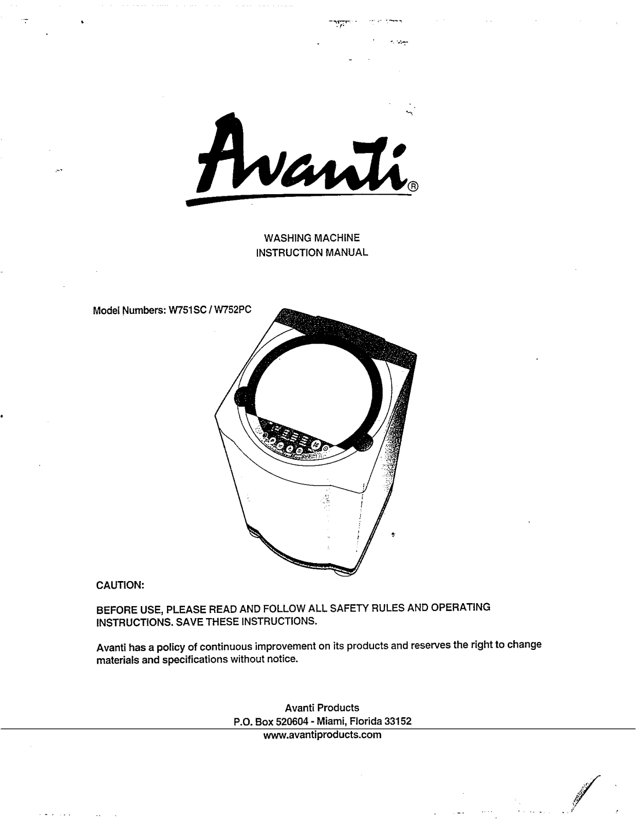 Avanti W752PC User Manual