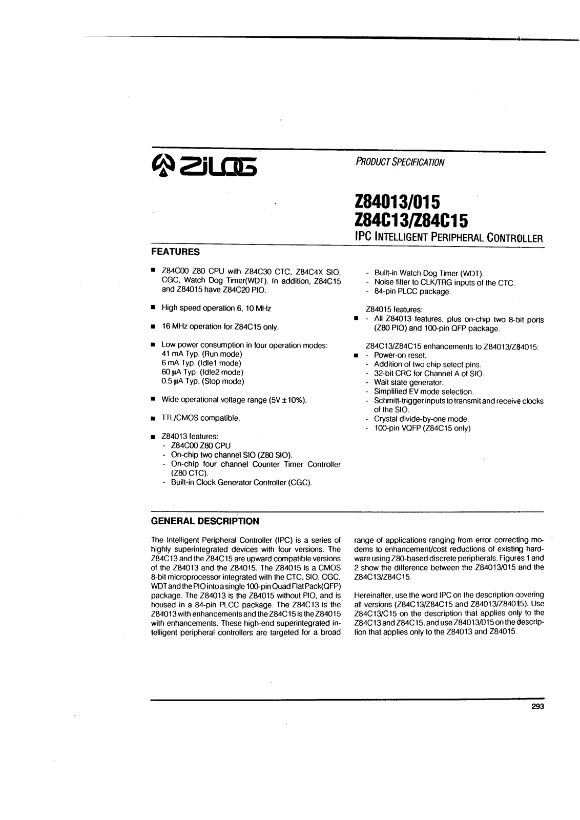 ZILOG Z8415, Z84013, Z84C13, Z84C15 Datasheet