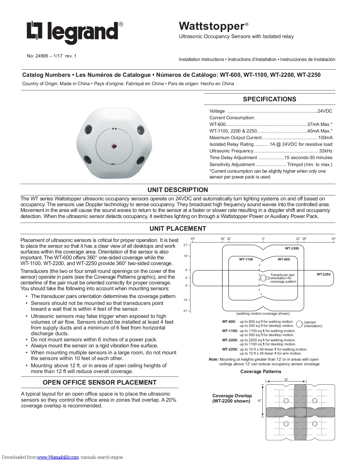 LEGRAND WT-600, WT-1100, WT-2200, WT-2250 Installation Instructions Manual