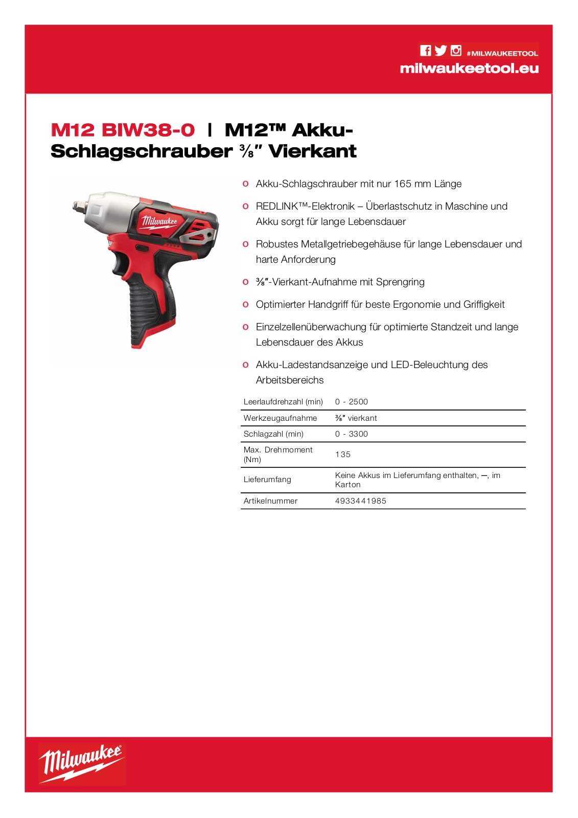 Milwaukee M12 BIW38-0 User Manual