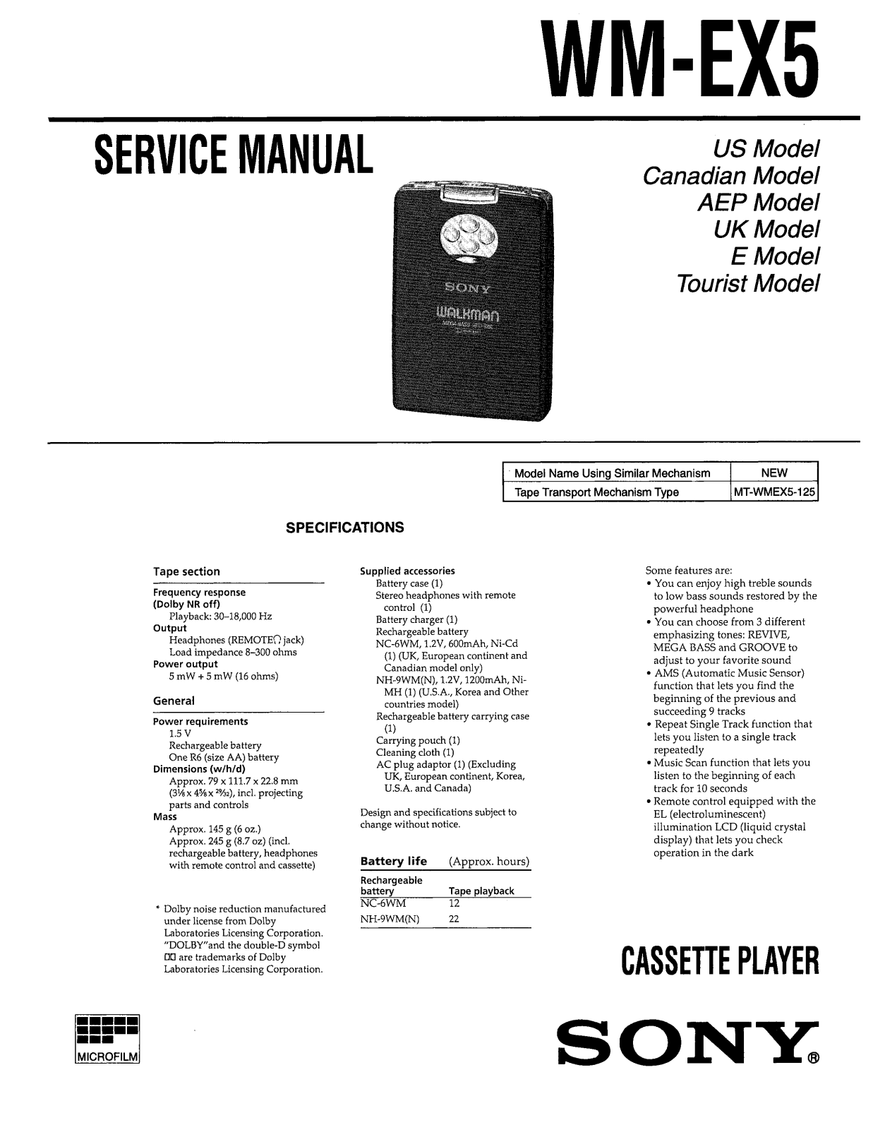 Sony WMEX-5 Service manual