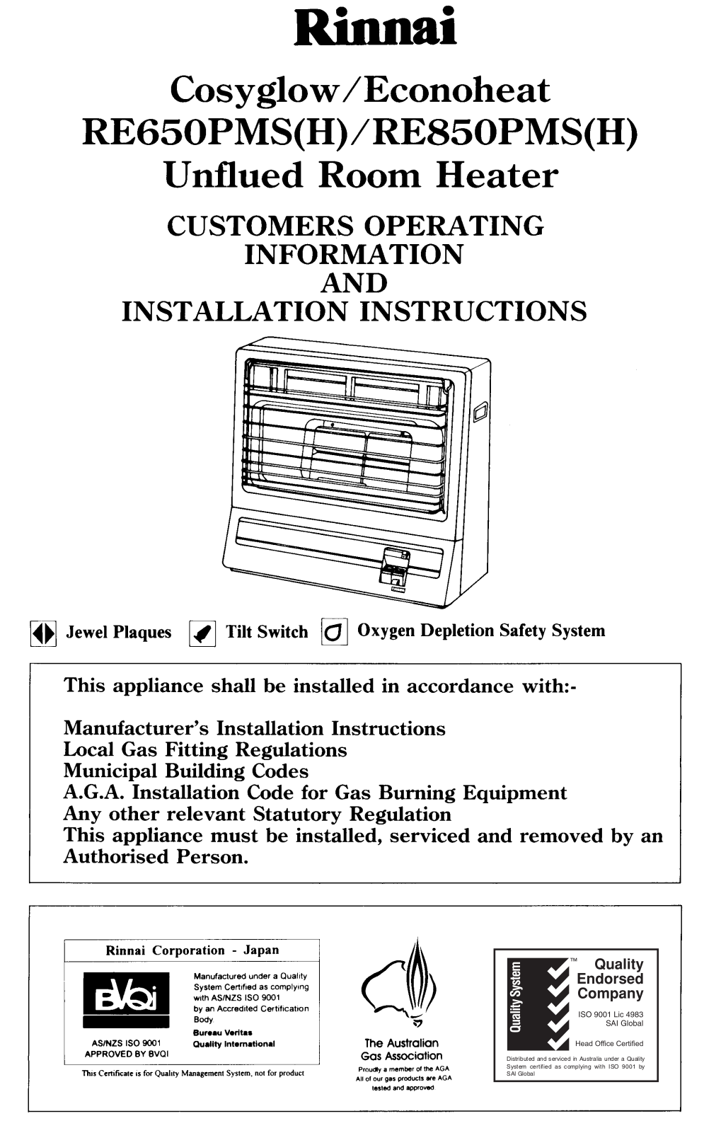 Rinnai 850SN Installation and Operating Instructions