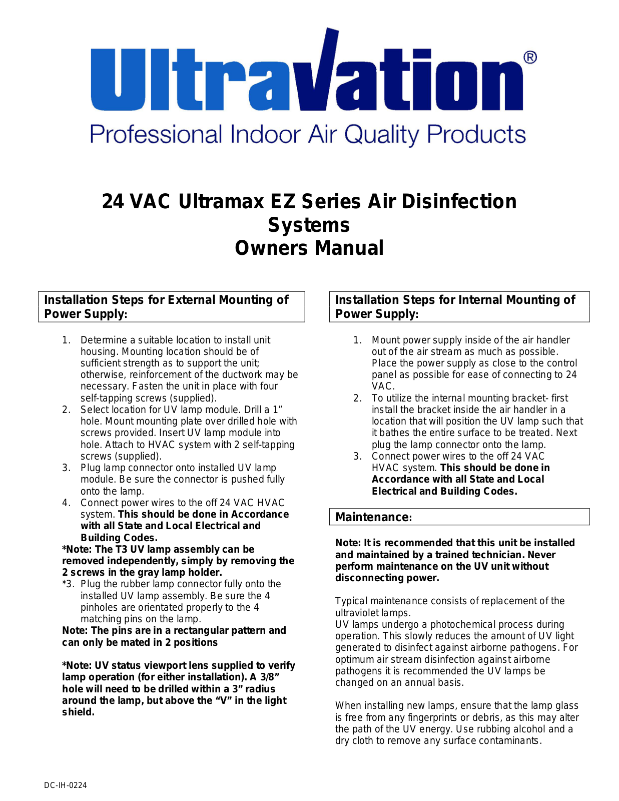 Ultravation Umx2412-ez, Umx2417-ez Owner's Manual