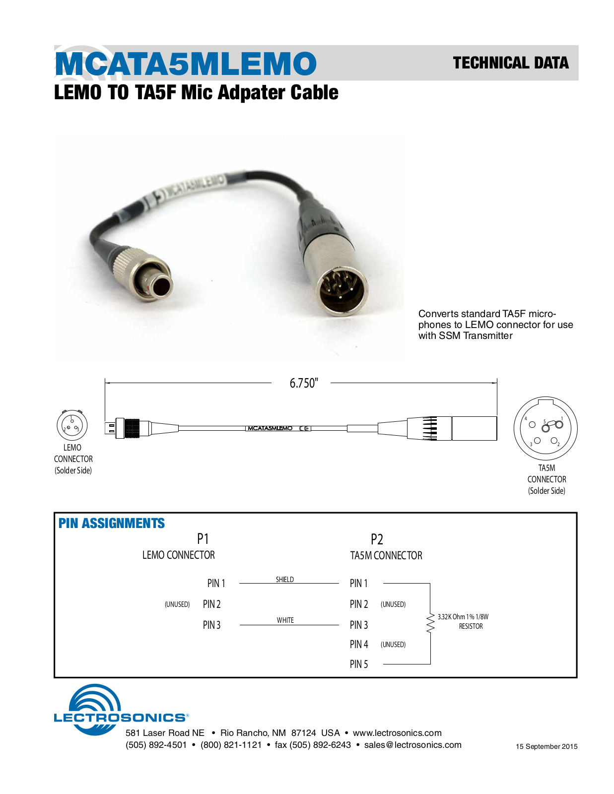 Lectrosonics MCATA5MLEMO Data Sheet