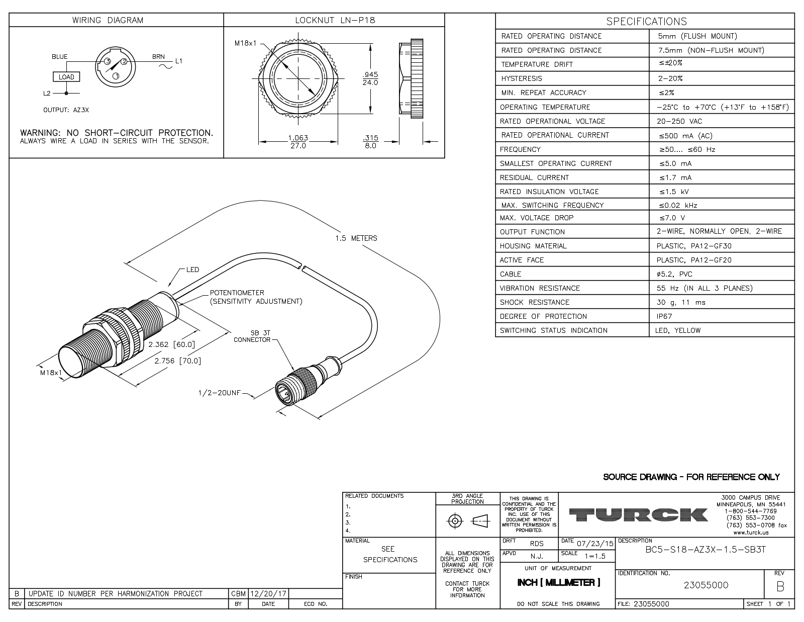 Turck BC5-S18-AZ3X-1.5-SB3T Data Sheet