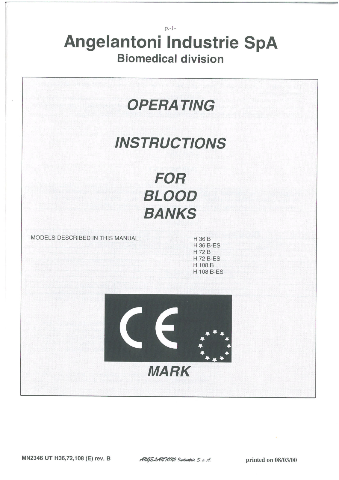 Angelantoni Industrie H108 B-ES, H 72 B-ES, H 108 B, H 72 B, H 36 B-ES User Manual