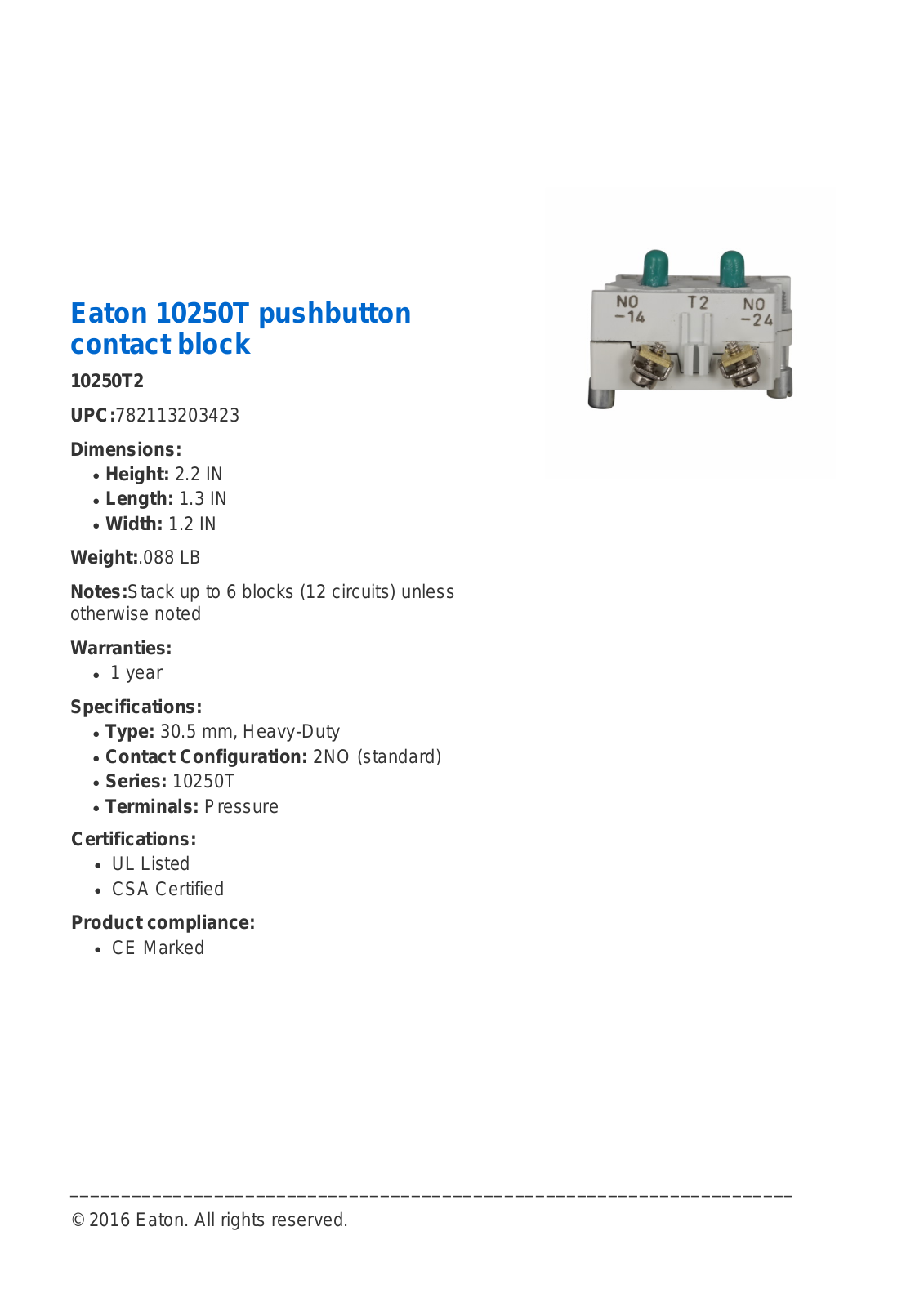 Cutler Hammer, Div of Eaton Corp 10250T2 Data Sheet