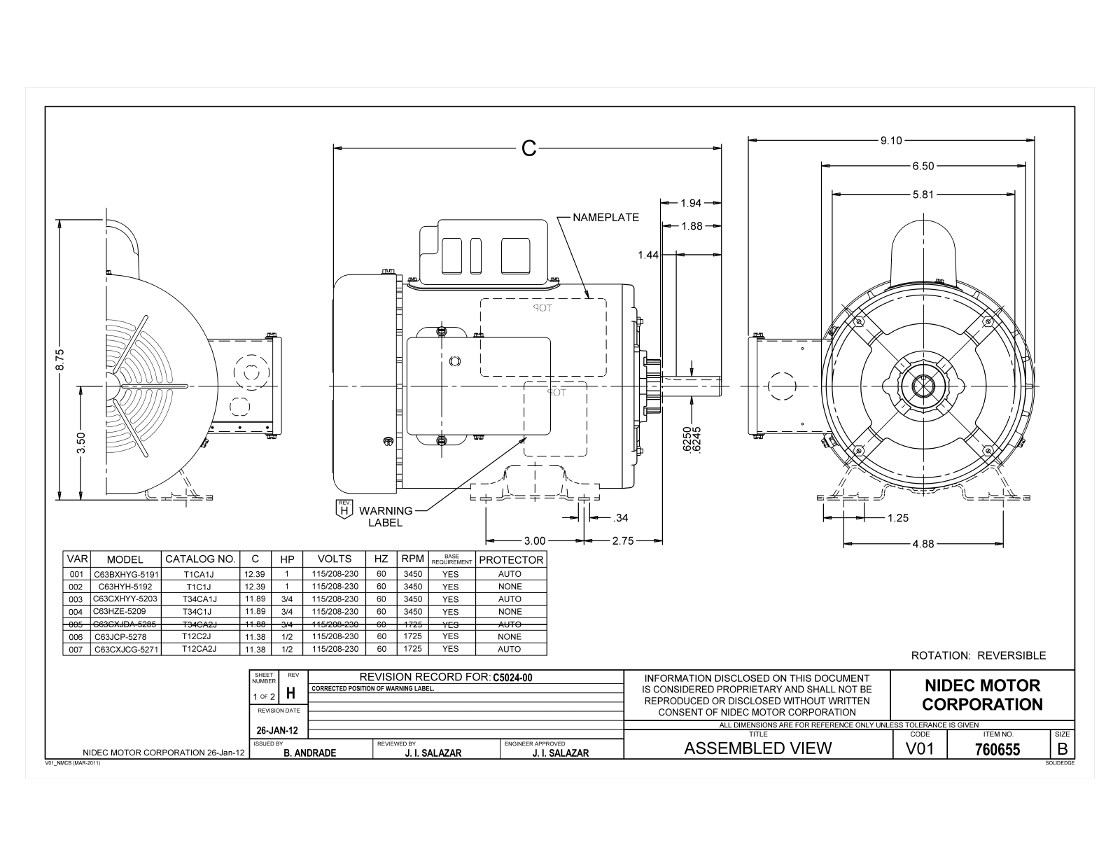 US Motors T1CA2J, T1C1J, T34CA1J, T34C1J, T12C2J Dimensional Sheet