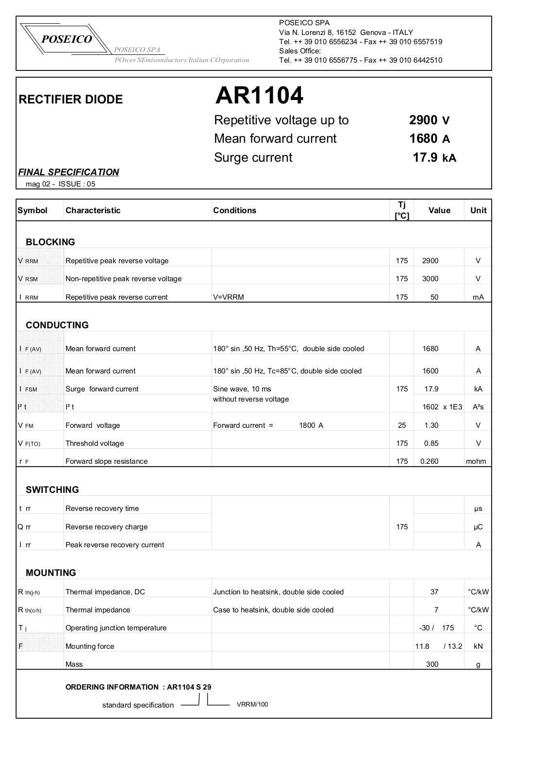 POSEICO AR1104S29 Datasheet