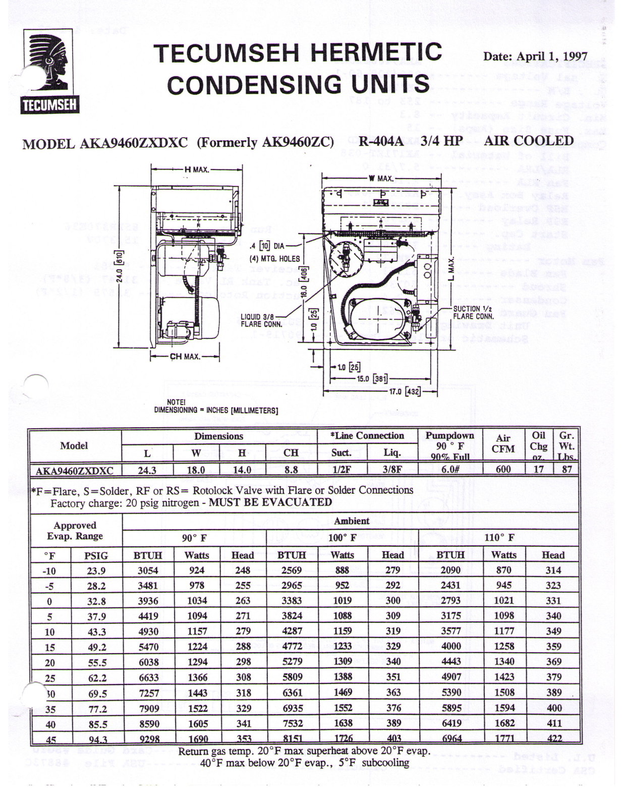 Tecumseh AKA9460ZXDXC Performance Data Sheet