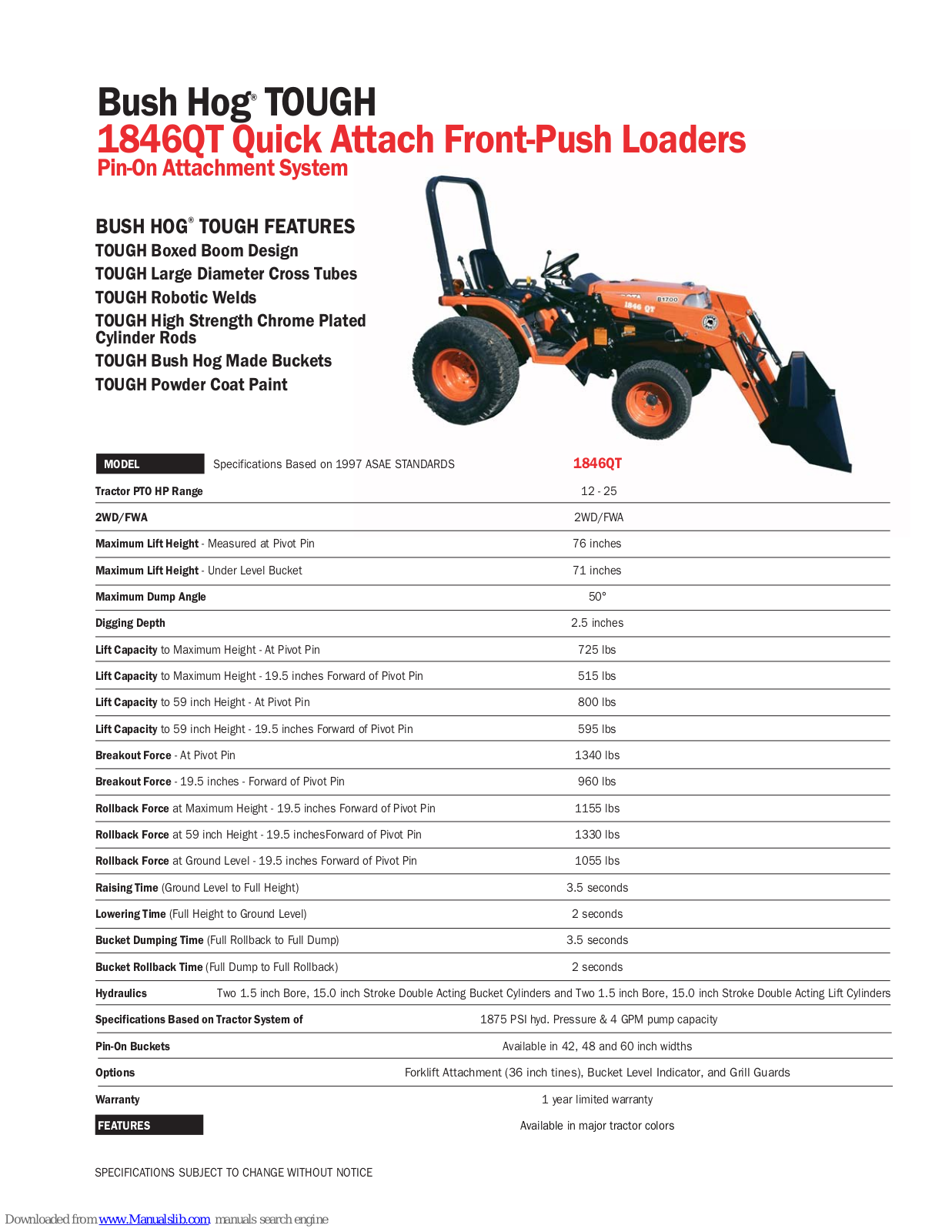 Bush Hog Front-Push Loaders 1846QT, TOUGH 1846QT Specifications