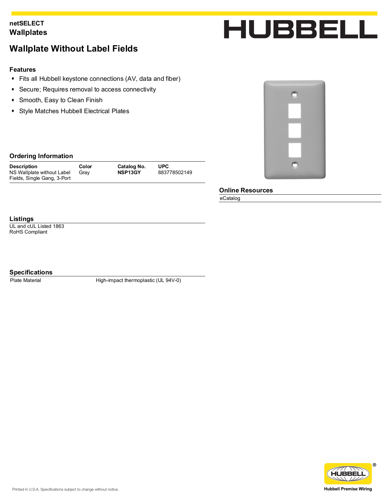 Hubbell NSP13GY Specifications