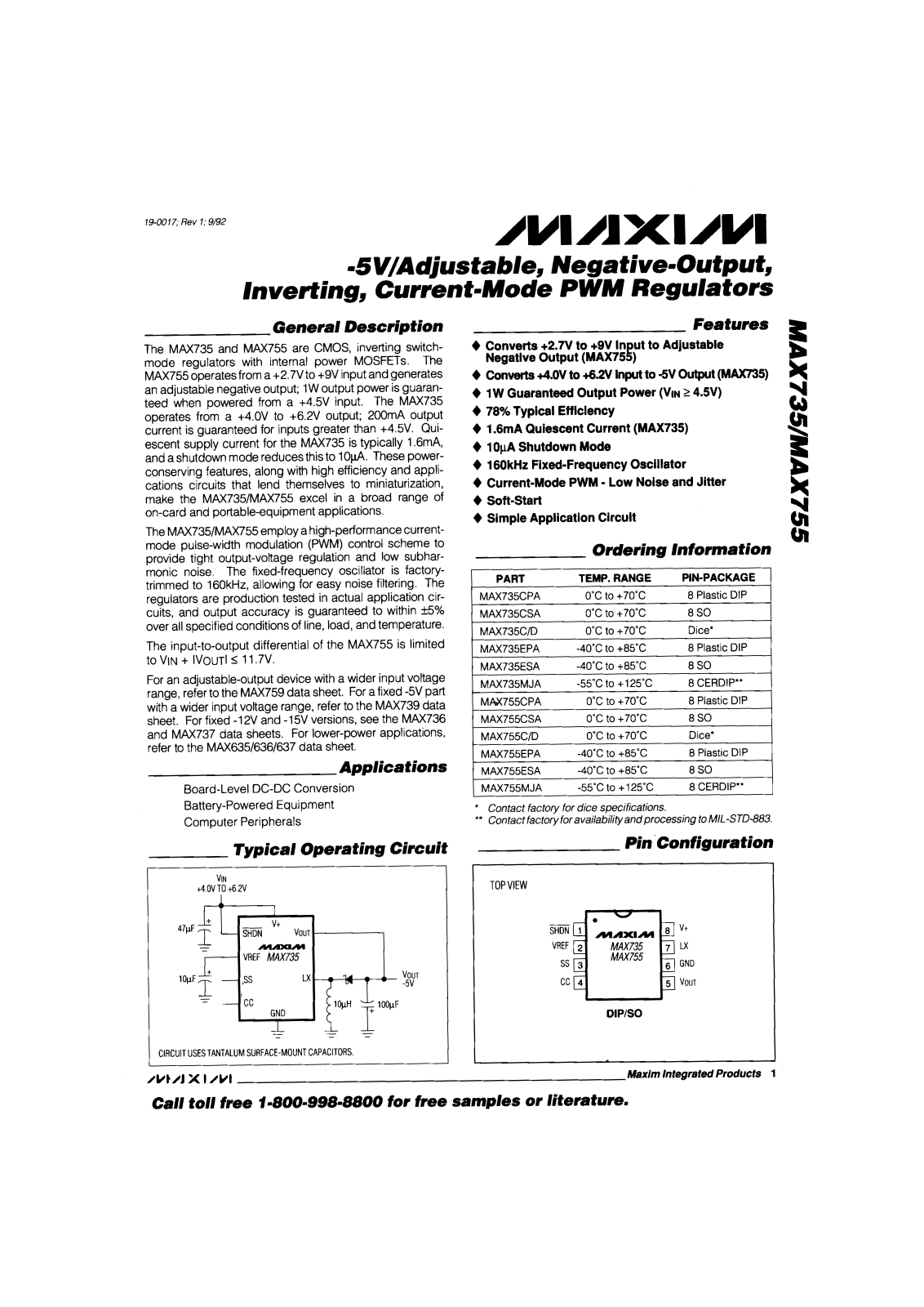 Maxim MAX755CSA, MAX755EPA, MAX755C-D, MAX755ESA, MAX735CPA Datasheet