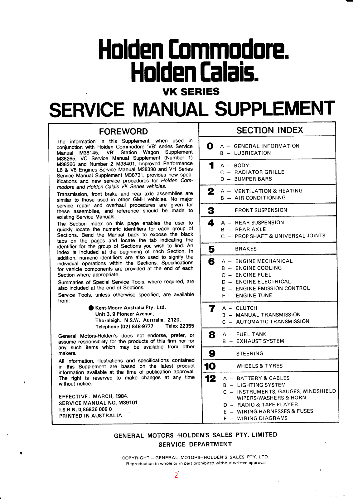 Holden Commodore VK 1984, VK 1985, VK 1986 User Manual