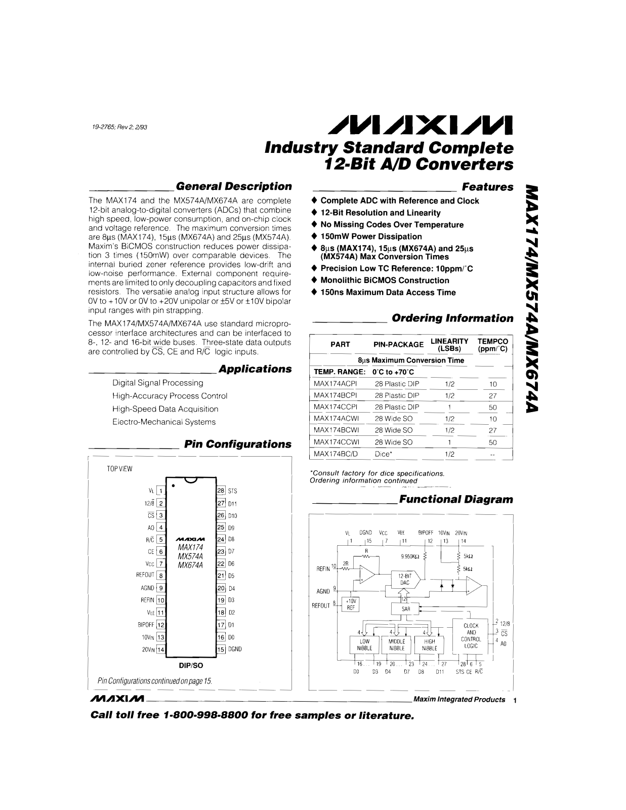 Maxim MX574AKN, MX574AKP, MX574ALEPI, MX574ALN, MX574ALP Datasheet