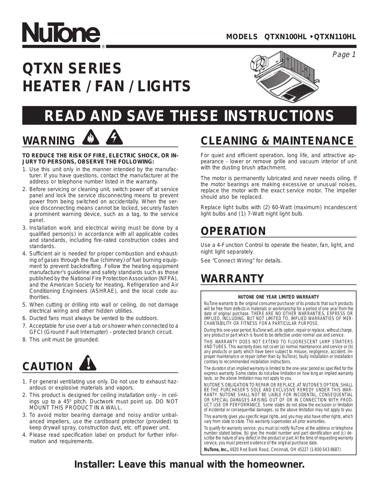 NuTone QTXN100HL, QTXN110HL Read And Save These Instructions