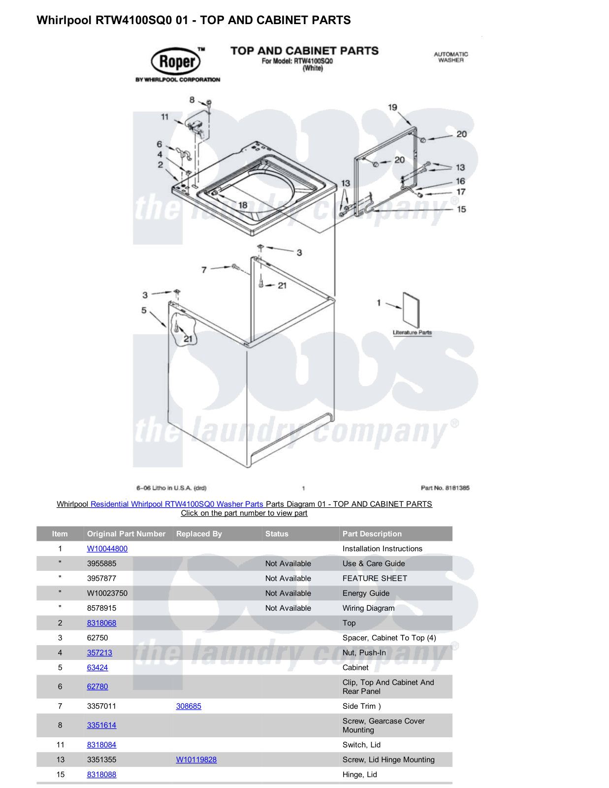 Whirlpool RTW4100SQ0 Parts Diagram