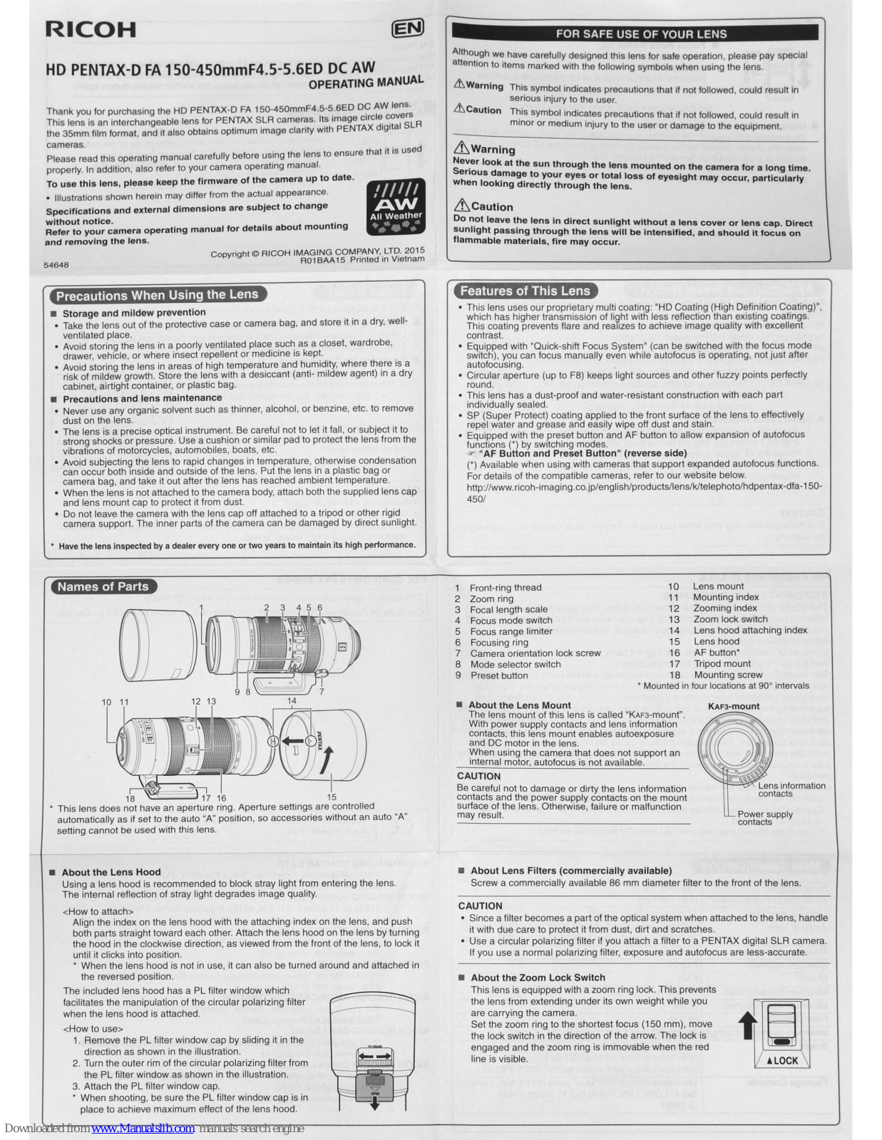 Ricoh HD PENTAX-D FA 150-450mm F4.5-5.6 ED DC AW Operating Manual