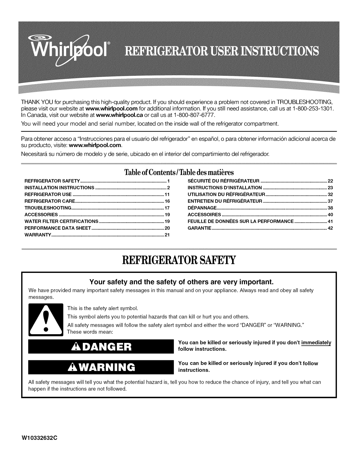 Whirlpool WSF26C2EXY01, WSF26D5EXW00, WSF26D2EXS02, WSF26D2EXW01, WSF26D2EXY01 Owner’s Manual