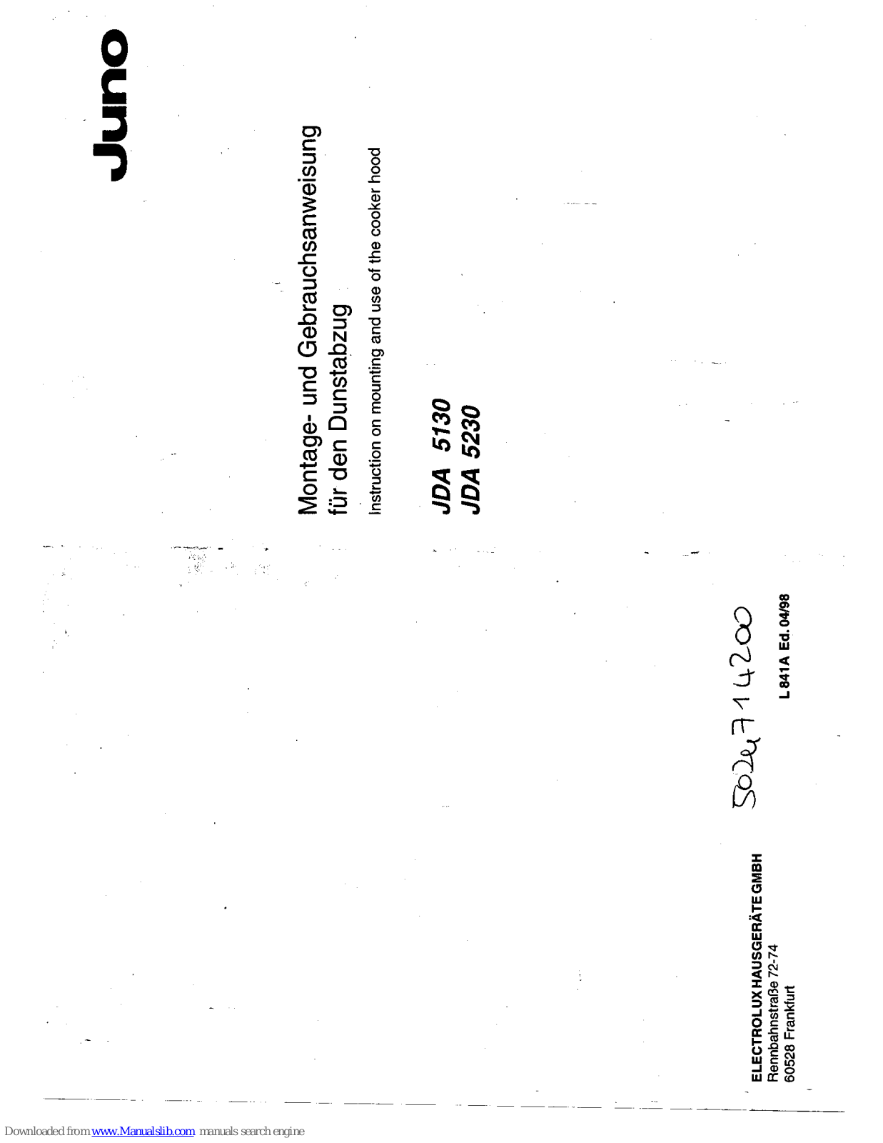 JUNO JDA5130B, JDA5130W, JDA5230W, JDA5130, JDA5230 Instruction On Mounting And Use Manual