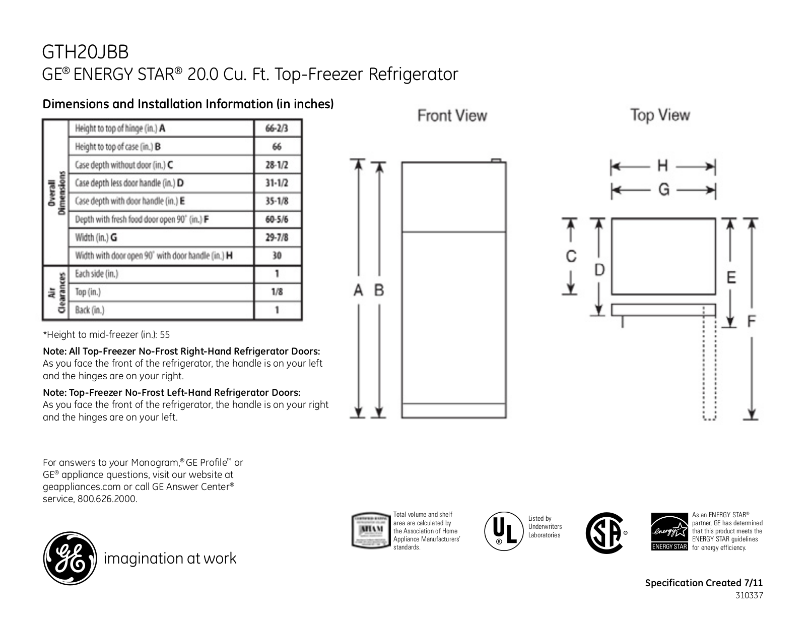 GE GTH20JBBBB Specification Sheet