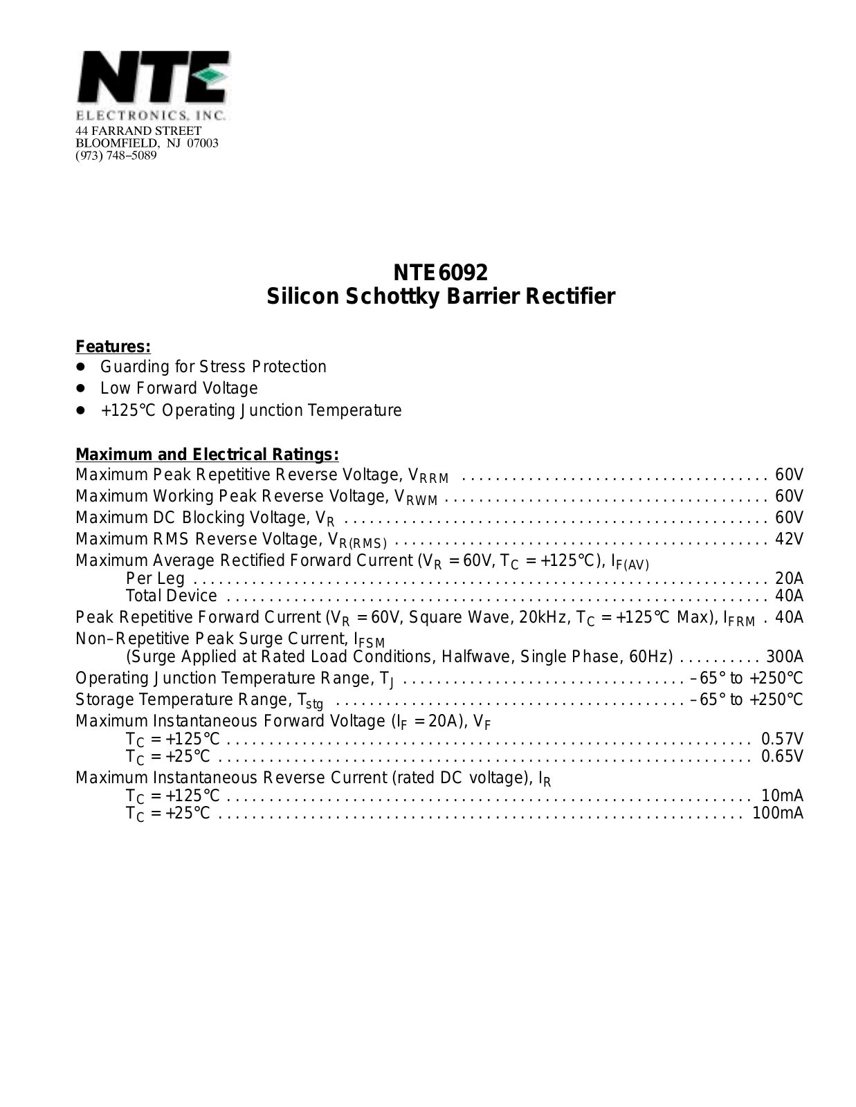 Datasheet NTE6092 Datasheet (NTE) - ManualMachine.com