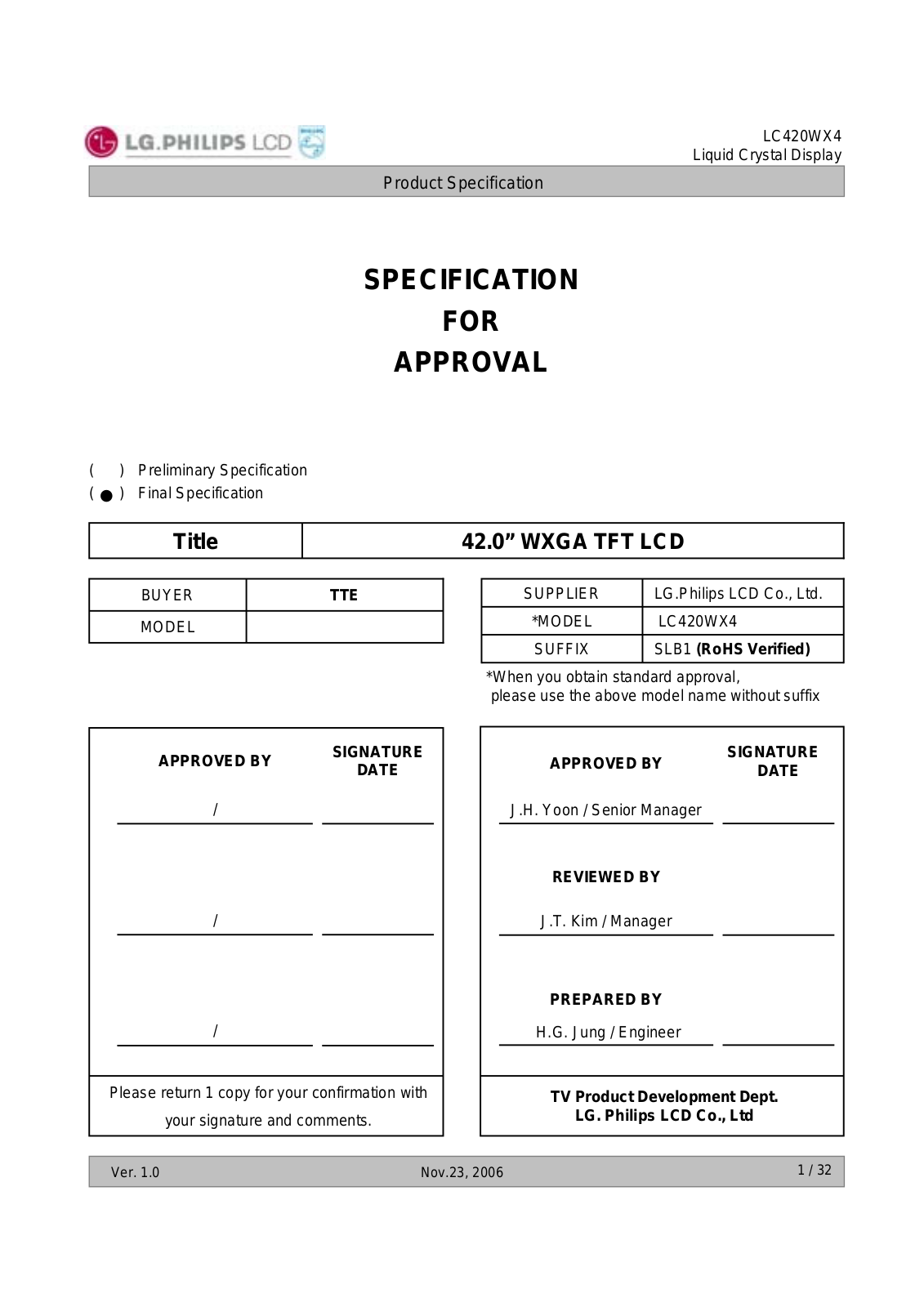 LG.Philips LCD LC420WX4-SLB1 Specification