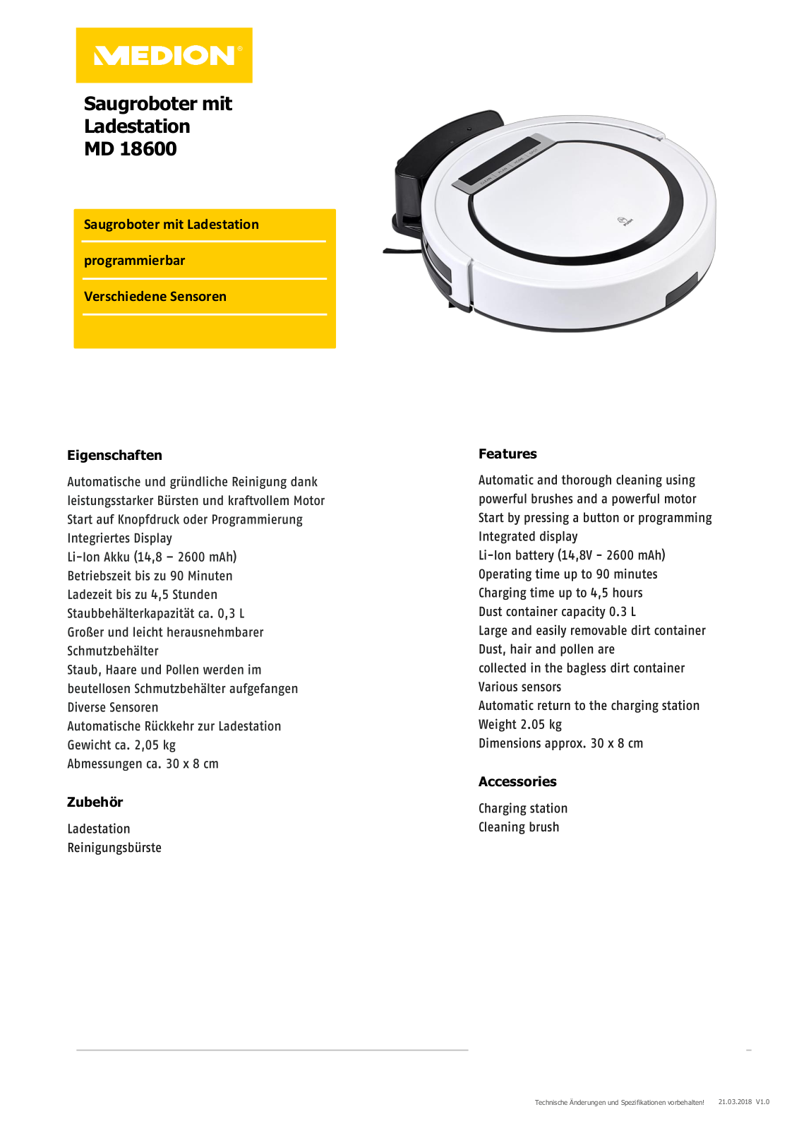 Medion MD 18600 Technical data