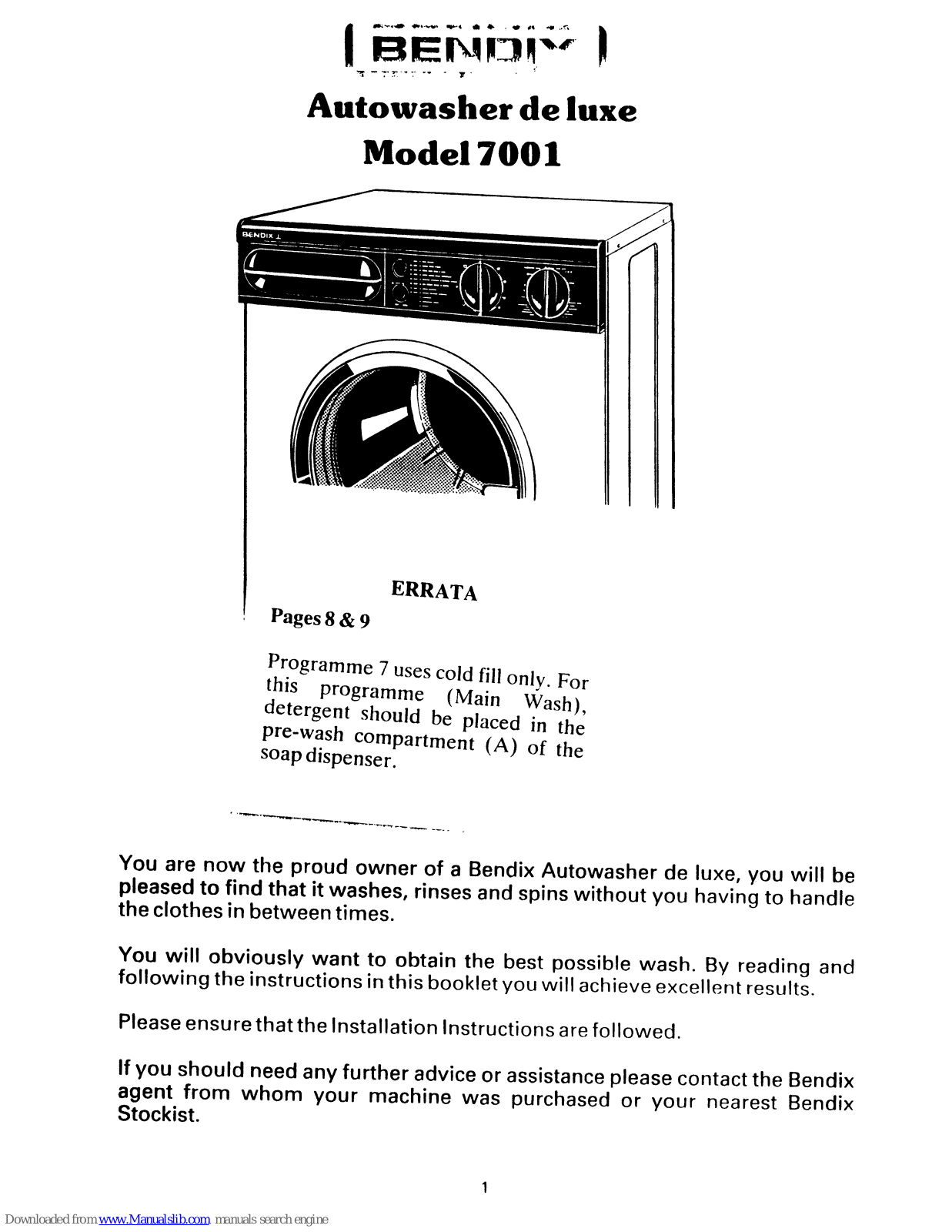 BENDIX 7001 Installation And Instruction Manual