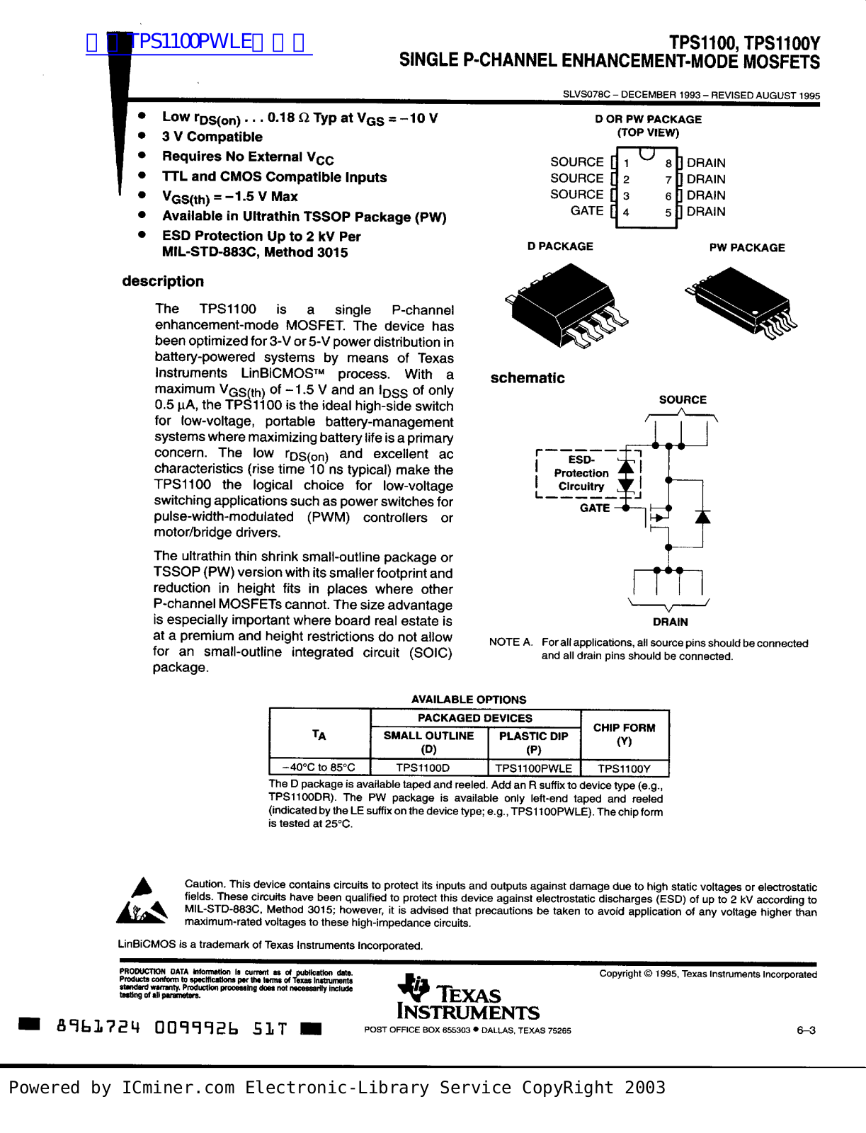 TEXAS INSTRUMENTS TPS1100, TPS1100Y Technical data