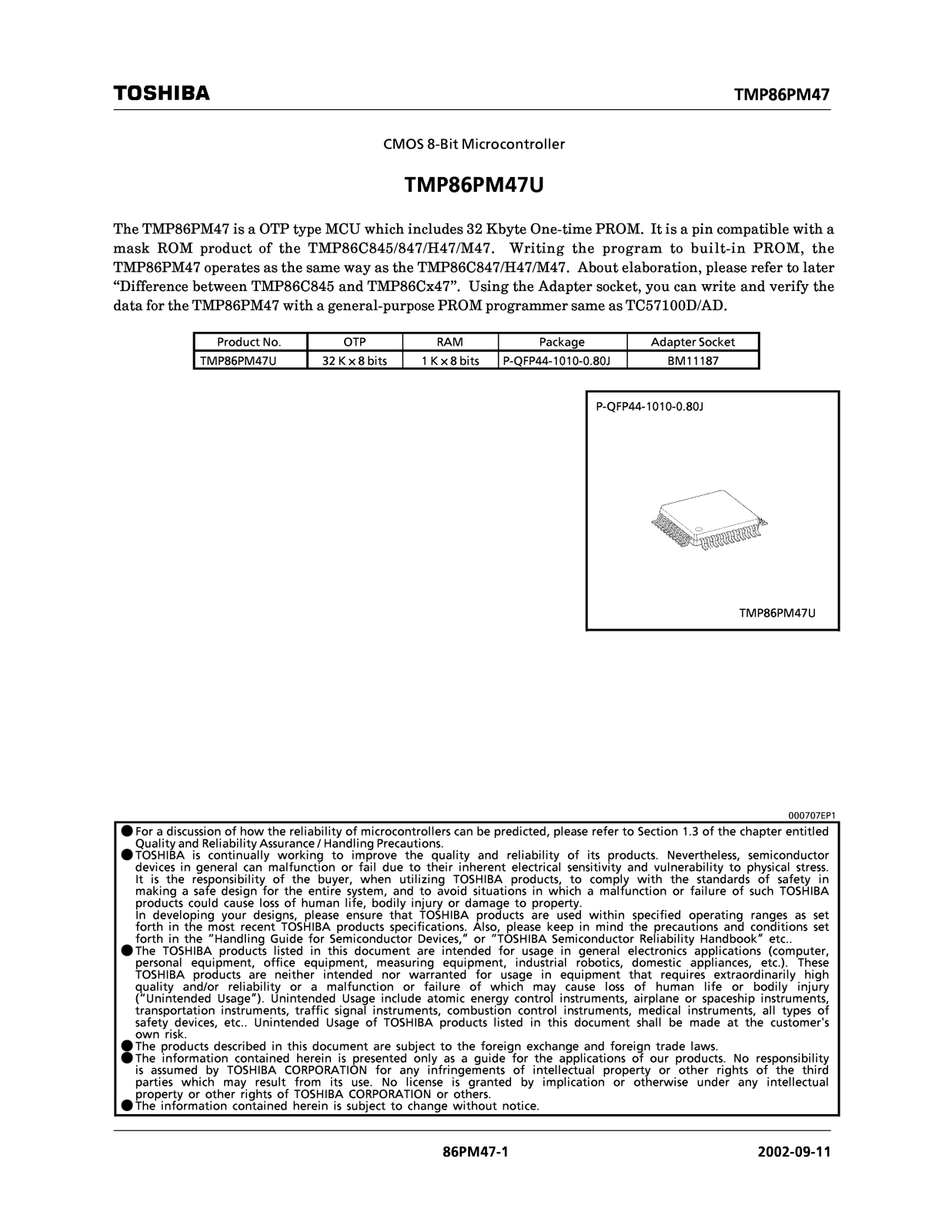 TOSHIBA TMP86PM47U User Manual