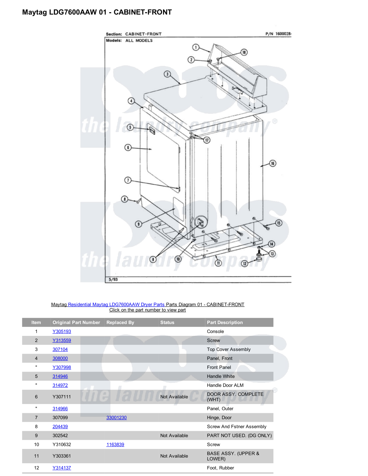 Maytag LDG7600AAW Parts Diagram