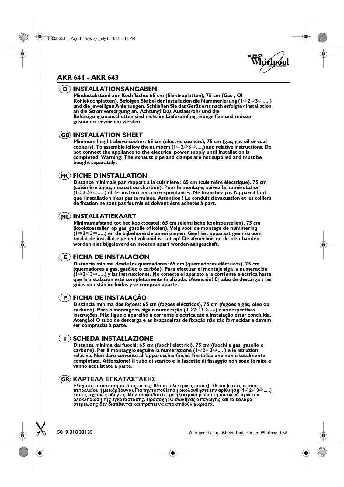 Whirlpool AKR 641, AKR 643 INSTALLATION SHEET